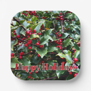 Holly leaves and Berries Paper Plate