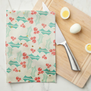 Holly Leaves and Berries Retro Style Kitchen Towel