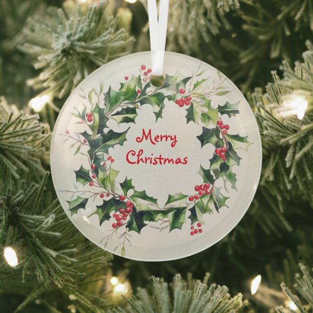 Holly leaves and berries wreath glass ornament (Insitu)
