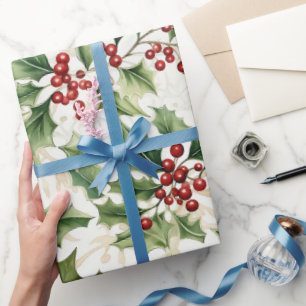 Holly Leaves and Red Berries  Wrapping Paper