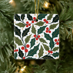 Holly-Leaves And Starry-Style Retro-Modern Backgro Ceramic Ornament