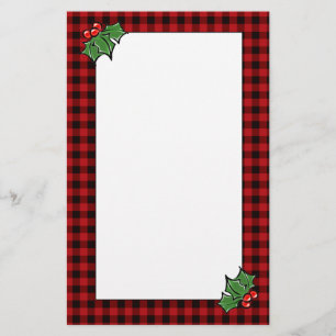 Holly leaves berries classic red buffalo plaid stationery
