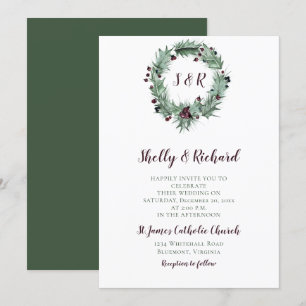 Holly Leaves, Berries, Ferns Wreath Winter Wedding Invitation