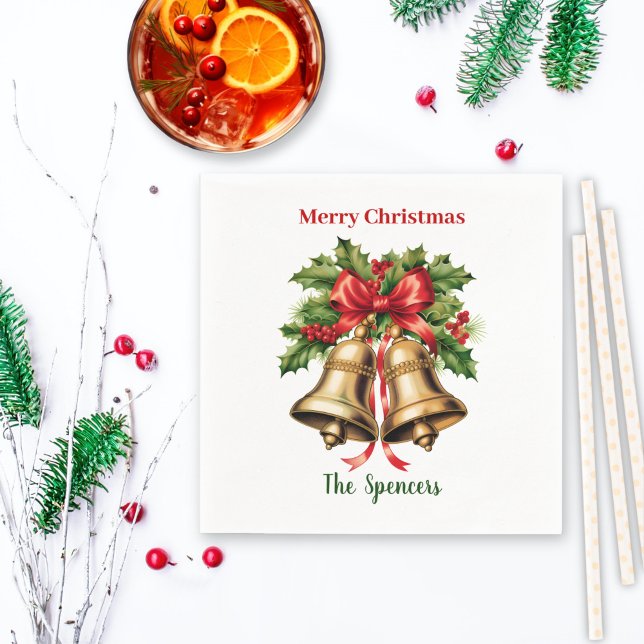 Holly Leaves & Berries Gold Bells Merry Christmas  Napkin (Creator Uploaded)