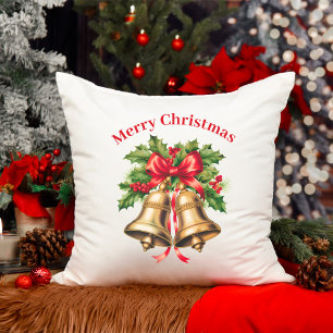 Holly Leaves & Berries Gold Bells Merry Christmas  Throw Pillow