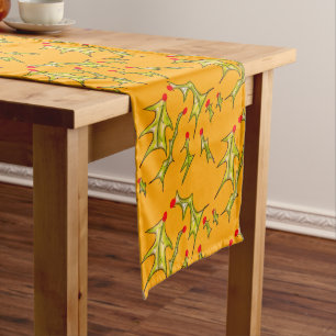 Holly Leaves & Berries on Gold Background Short Table Runner