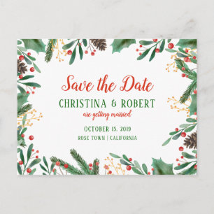 Holly Leaves Berry Christmas Save The Date Announcement Postcard