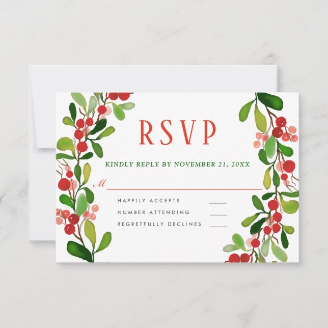 Holly Leaves Berry Christmas | Wedding RSVP (Front)