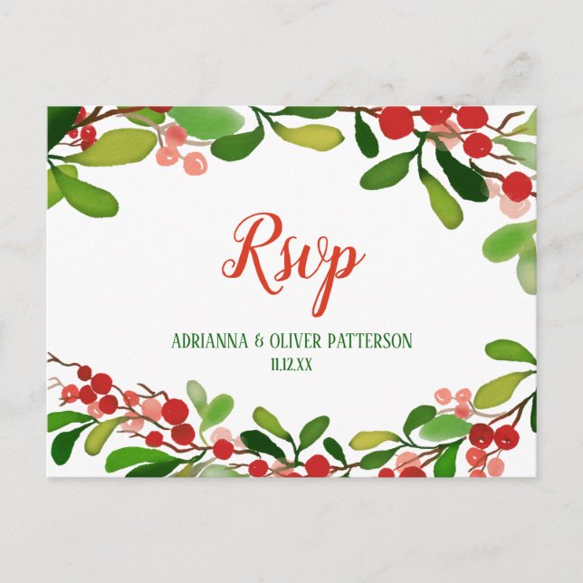 Holly Leaves Berry Christmas | Wedding RSVP Invitation Postcard (Front)