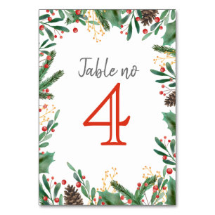 Holly Leaves Berry Christmas Wedding Table Number