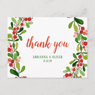 Holly Leaves Berry Christmas   Wedding Thank You Postcard