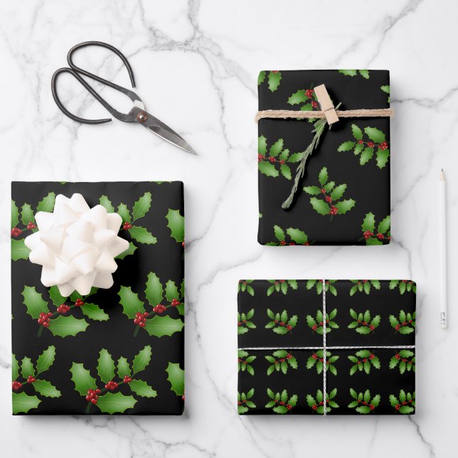 Holly Leaves Black Christmas Wrapping Paper Sheets (Front)