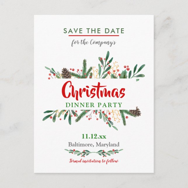 Holly Leaves | Christmas Dinner | Holiday Party Announcement Postcard (Front)