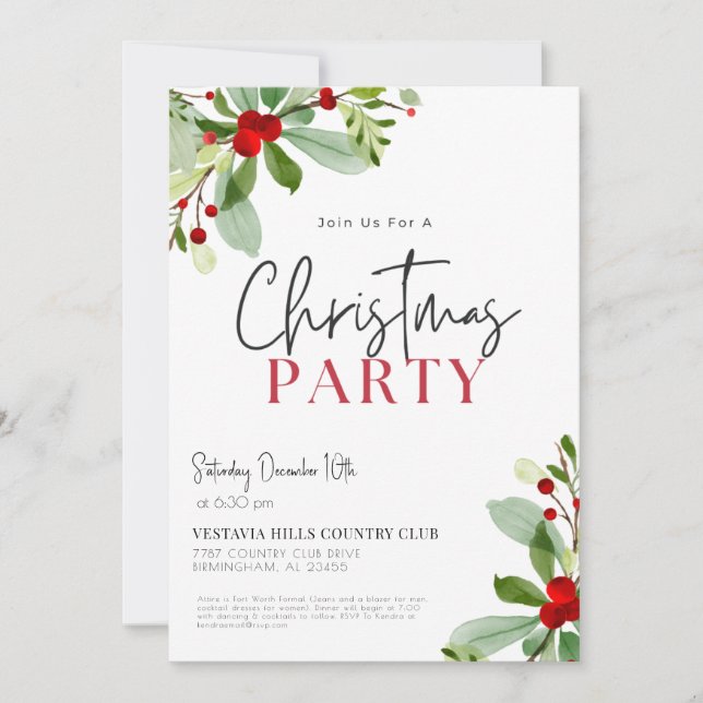 Holly Leaves Christmas Party Invitation  (Front)