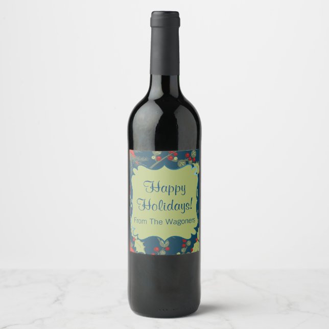 Holly Leaves, Christmas Wine Label, You Customize Wine Label (Front)
