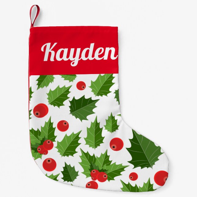 Holly Leaves Custom Name Christmas Stocking (Front)