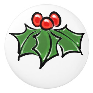 Holly Leaves, Holly berries, fun holiday botanical Ceramic Knob