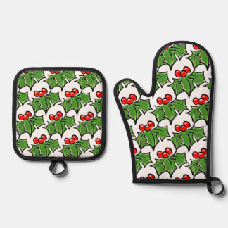 Holly Leaves Holly berries fun holiday botanical Oven Mitt & Pot Holder Set