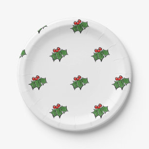 Holly Leaves, Holly berries, fun holiday pattern Paper Plate
