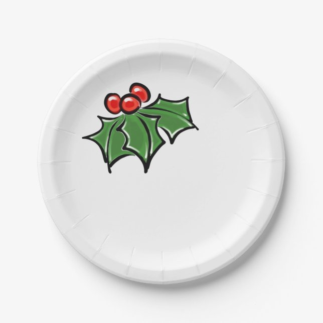 Holly Leaves, Holly berries, fun holiday pattern Paper Plate (Front)