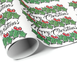 Holly Leaves, Holly berries, Merry Christmas  Wrapping Paper