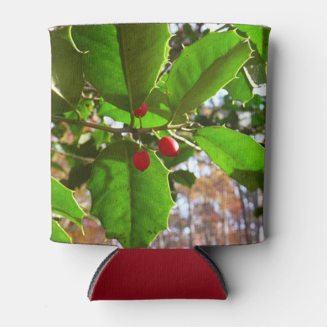 Holly Leaves II Holiday Nature Botanical Can Cooler (Front)