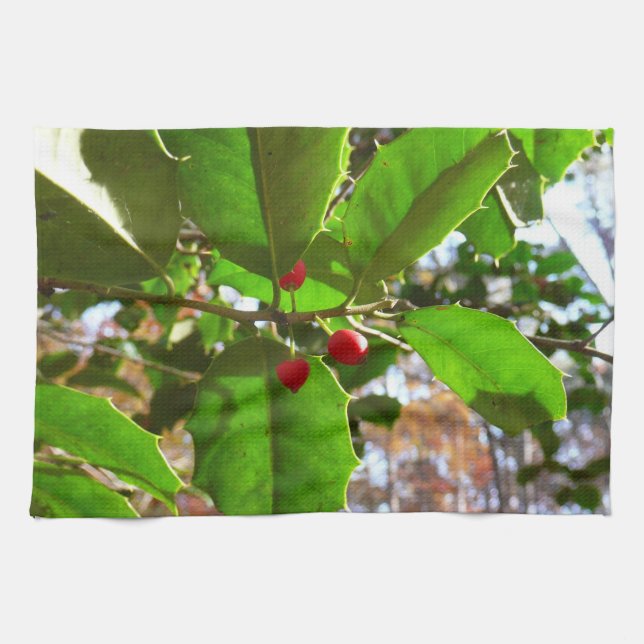 Holly Leaves II Holiday Nature Botanical Kitchen Towel (Horizontal)