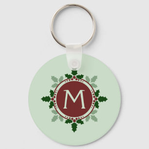 Holly Leaves Monogram Green Red Christmas Holidays Keychain