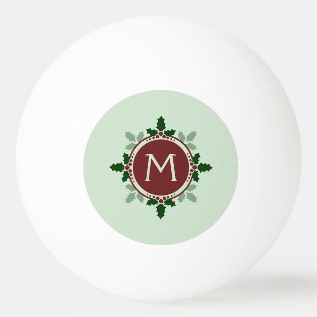 Holly Leaves Monogram Green Red Christmas Holidays Ping Pong Ball (Back)