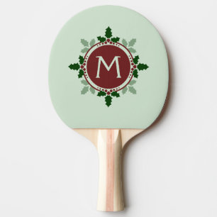 Holly Leaves Monogram Green Red Christmas Holidays Ping Pong Paddle