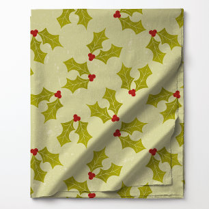Holly Leaves On Green Pattern Christmas Festive Fabric
