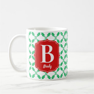 Holly Leaves Pattern Red and Green Holiday Coffee Mug