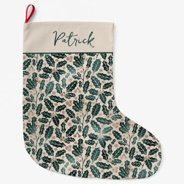 Holly Leaves Personalized Christmas Large Christmas Stocking (Front)