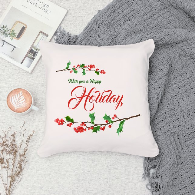 Holly Leaves, Red Berries Christmas Throw Pillow (Creator Uploaded)