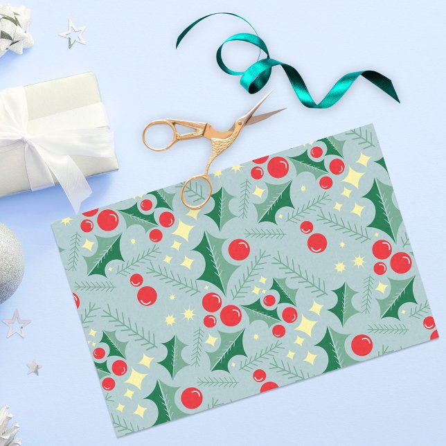 Holly Leaves Red Berries Stars Christmas Pattern Tissue Paper (Creator Uploaded)
