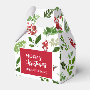 Holly Leaves Red Berry Watercolor Pattern Holiday Favor Box