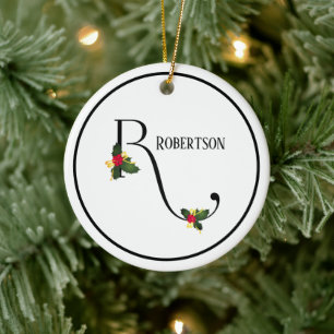 Holly Letter R Monogram And Name Christmas Ceramic Ornament