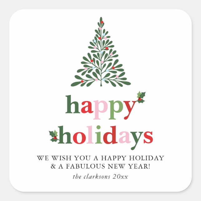 Holly Merry & Bright Holiday Card Square Sticker (Front)