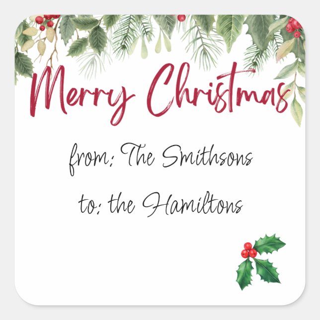 Holly Merry Christmas label with editable names (Front)