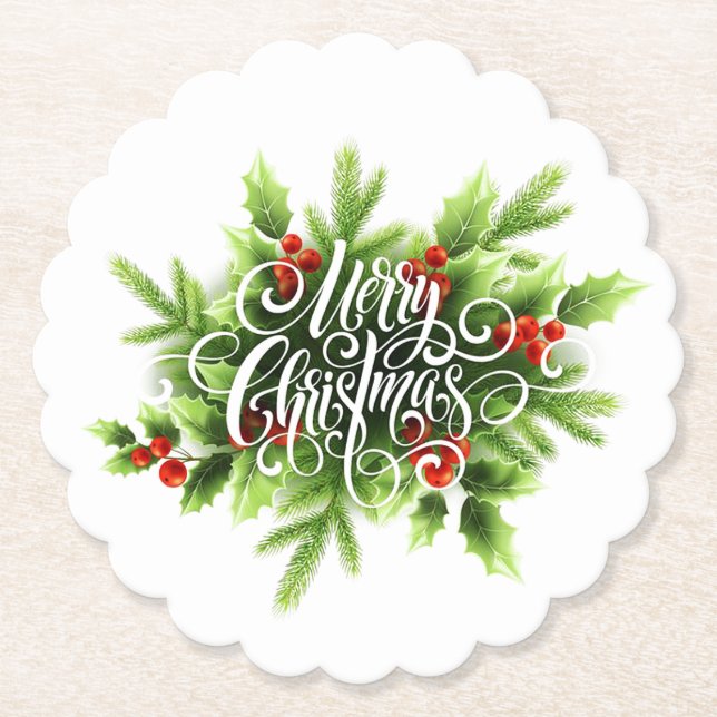 Holly Merry Christmas Paper Coaster (Front)