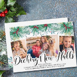 Holly Mistletoe 3 Photo Decking New Halls Script Holiday Card<br><div class="desc">Watercolor Holly and Mistletoe Decking New Halls Holiday Moving Announcement Card, personalized with 3 of your favourite photos. The photo template is set up for you to add a horizontal photo and 2 vertical photos as well as your personalized greeting. Traditional and classic design decorated with hand lettering, holly, berries,...</div>