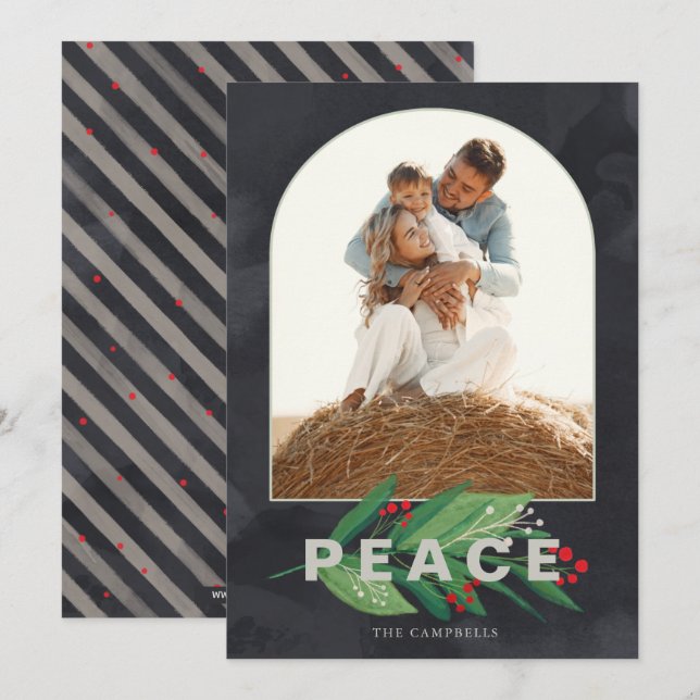 Holly Modern Arch Navy Stripes Custom Photo Holida Holiday Card (Front/Back)