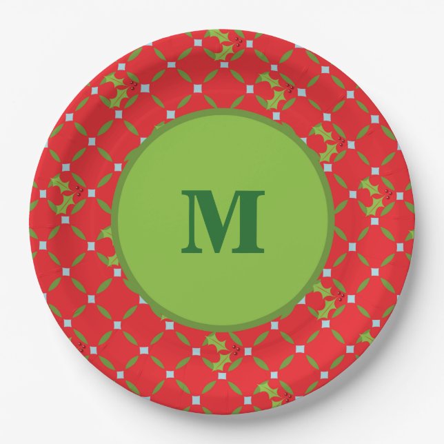Holly Monogram Red and Green Paper Plates (Front)