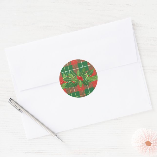 Holly on Christmas Plaid 4 Classic Round Sticker (Envelope)