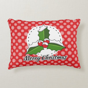 Holly on Red White Snowflakes Pattern - Merry Xmas Accent Pillow