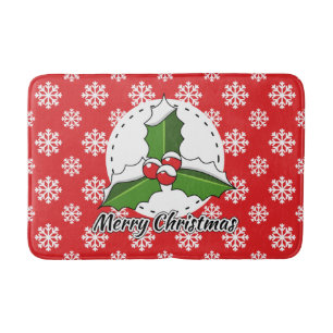 Holly on Red White Snowflakes Pattern - Merry Xmas Bath Mat