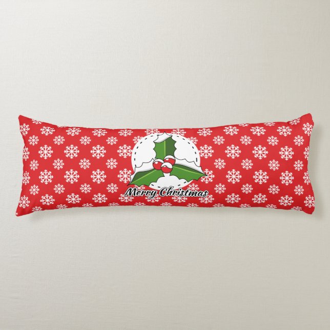 Holly on Red White Snowflakes Pattern - Merry Xmas Body Pillow (Front)