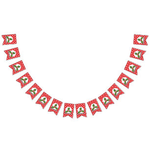 Holly on Red White Snowflakes Pattern - Merry Xmas Bunting Flags