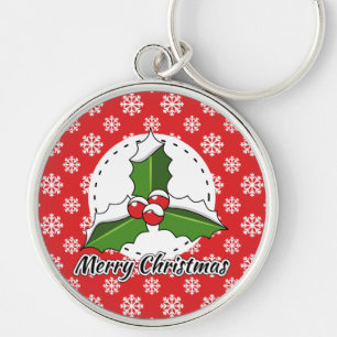 Holly on Red White Snowflakes Pattern - Merry Xmas Keychain