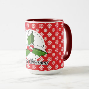 Holly on Red White Snowflakes Pattern - Merry Xmas Mug